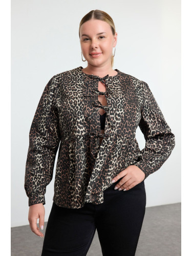 Trendyol Curve Brown Animal Patterned Front Tie Detail Plus Size Denim Shirt