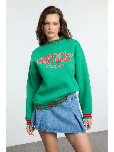 Trendyol Light Green Slogan Printed Oversize/Wide Pattern Thick Inside Polar Fleece Knitted Sweatshirt