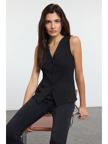 Trendyol Black Plain Regular/Normal Length V Neck Buttoned Flexible Knitted Vest