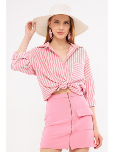 armonika Women's Fuchsia Striped Long Sleeve Pocket Detailed Pleated Oversize Shirt