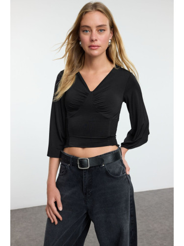 Trendyol Black Gathered/Draped Detailed Three Quarter Sleeve Flexible Knitted Blouse