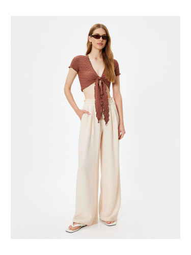 Koton Viscose Wide Leg Trousers with Pockets, Elastic Waist, Pleat Detail