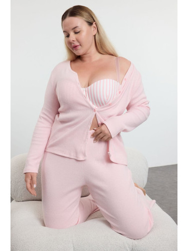 Trendyol Curve Pink Brushed Soft Ribbed Cardigan Knitted Pajama Set