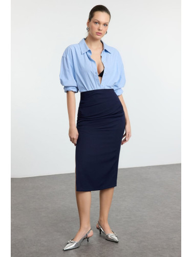 Trendyol Navy Blue Gathered Slit Detailed Pencil Fit Midi Woven Skirt