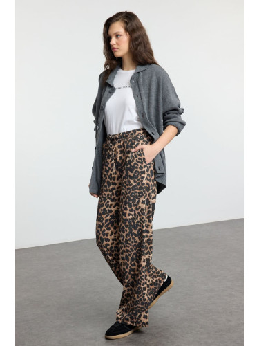 Trendyol Brown Leopard Animal Pattern Premium Wide Leg Flexible Knitted Trousers