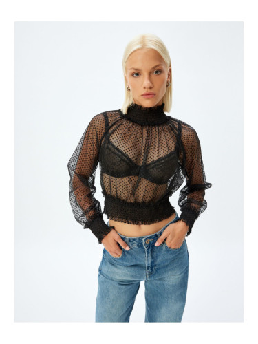 Koton Crop Tulle Transparent Blouse Long Sleeve Stand Collar Cuffs and Elastic Waist