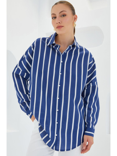 Bigdart Women's Navy Blue White Striped Oversize Basic Shirt 20254