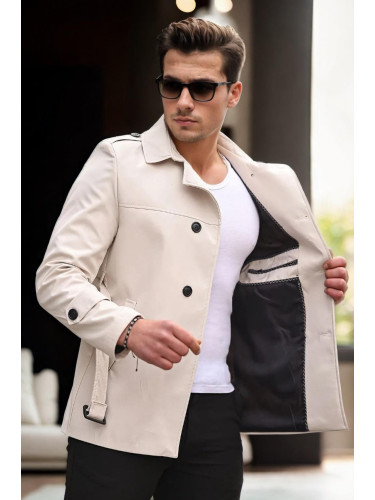 23058 Dewberry Lined Belted Double Breasted Mens Trenchcoat-CREAM