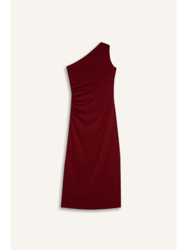 DEFACTO Bodycon Body-hugging Basic Plain One Shoulder Burgundy Midi Dress