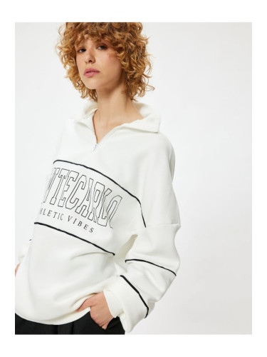 Koton Oversize Sweatshirt Half Zipper College Printed Raised