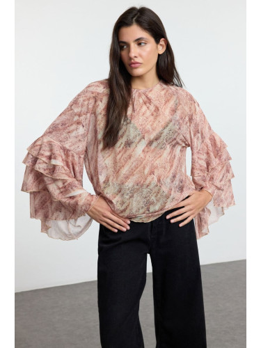 Trendyol Light Brown Animal Ruffle Detailed Blouse