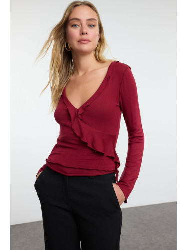 Trendyol Claret Red Wrap Knitwear Look Spanish Sleeve Regular Pattern Knitted Blouse