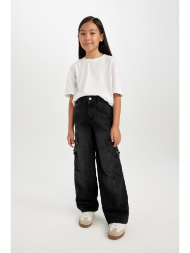 DEFACTO Girl's Wide Leg Cargo Pocket Wide Leg Anthracite Jeans