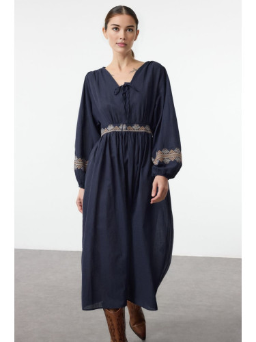 Trendyol Navy Blue Embroidered Midi Woven Dress with Open Waist