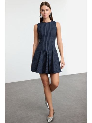 Trendyol Navy Blue Striped Skirt Waist Opening Crew Neck Mini Polyviscon Woven Dress