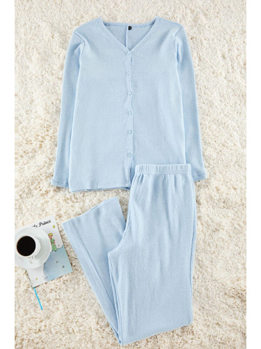 Trendyol Curve Baby Blue Brushed Soft Ribbed Cardigan Knitted Pajama Set