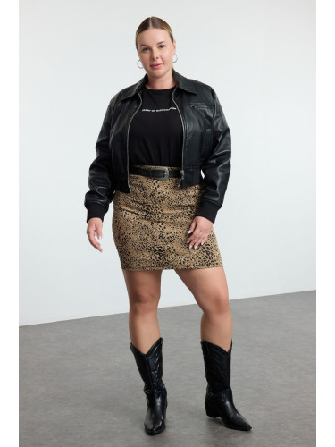 Trendyol Curve Brown Animal Patterned Knitted Plus Size Skirt