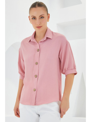 Bigdart Women's Pink Short Sleeve Oversize Linen Shirt 20240