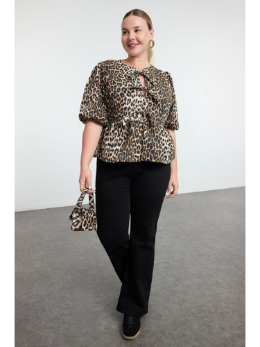 Trendyol Curve Multicolored Women's Bow Leopard Patterned Woven Plus Size Blouse