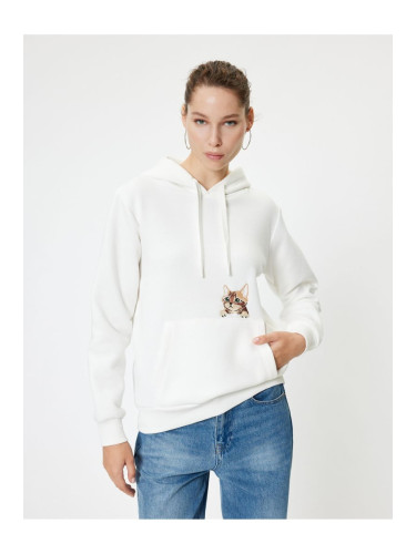 Koton Oversize Hooded Sweatshirt with Pocket Detail and Cat Embroidery