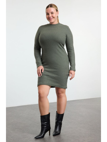 Trendyol Curve Khaki Fitted Winter Knitted Plus Size Dress