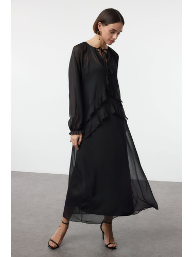 Trendyol Black Straight Cut Ruffle Maxi Chiffon Woven Dress