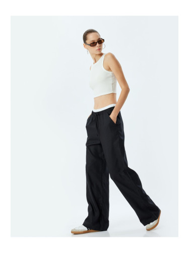 Koton Wide Leg Linen Blend Double Waist Detailed Lace-Up Pocket Trousers