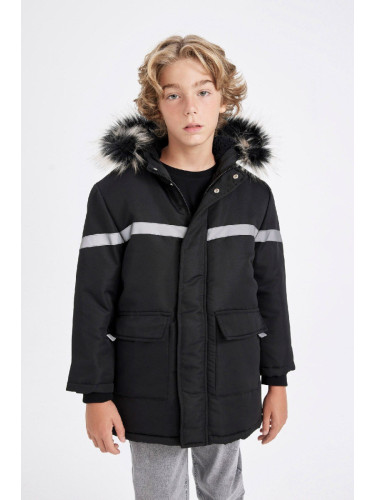 DEFACTO Boys Detachable Faux Für Collar Hooded Plush Lined Parka