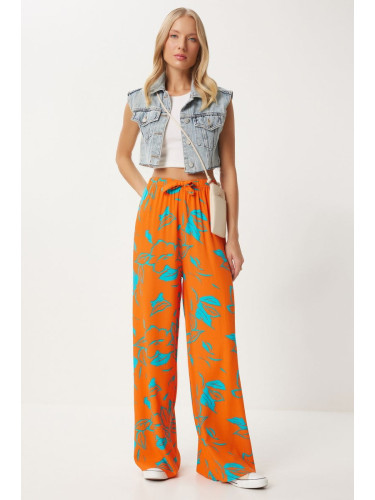 Happiness İstanbul Women's Orange Blue Patterned Flowy Viscose Palazzo Trousers