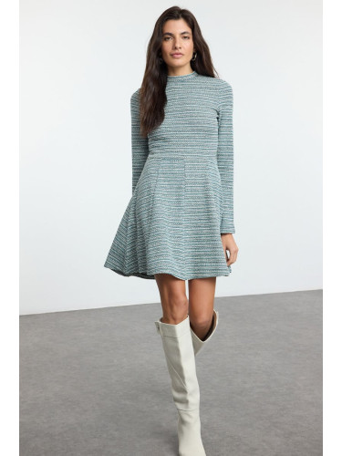 Trendyol Green Tweed Crew Neck Skater/Waist Open Flounce Mini Knit Dress