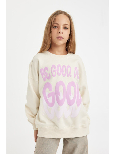 DEFACTO Girl Ecru Oversize Fit Wide Mold Crew Neck Slogan Printed Sweatshirt