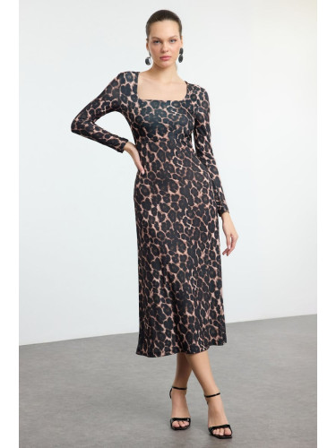 Trendyol Brown Leopard Printed Maxi Flounce Fitted Maxi Stretch Knit Dress