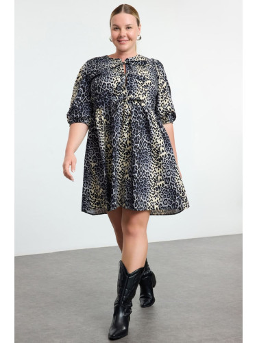 Trendyol Curve Multicolored Bow 100% Cotton Leopard Print A-Line Woven Plus Size Dress