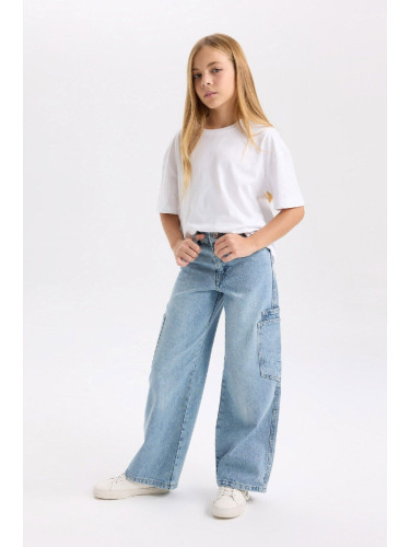 DEFACTO Girl's Wide Leg Cargo Pocket Wide Leg Jean Pants