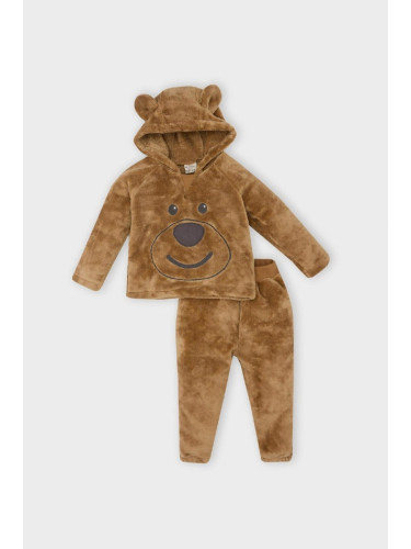 DEFACTO Baby Boy Teddy Bear Embroidered Hooded Sweatshirt Elastic Waist Plush 2-Piece Set