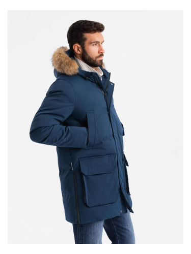 Ombre Men's long parka jacket with flared bottom - navy blue