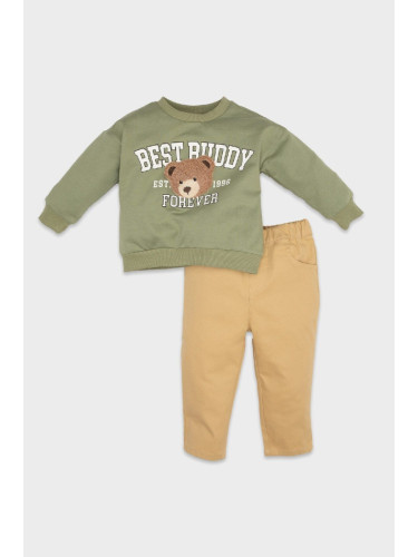 DEFACTO Baby Boy 2-Piece Set Crew Neck Teddy Bear Printed Sweatshirt Elastic Waist Trousers