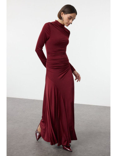 Trendyol Burgundy Fitted/Fits the Body Stand Collar Long Sleeve Flexible Maxi Knit Dress