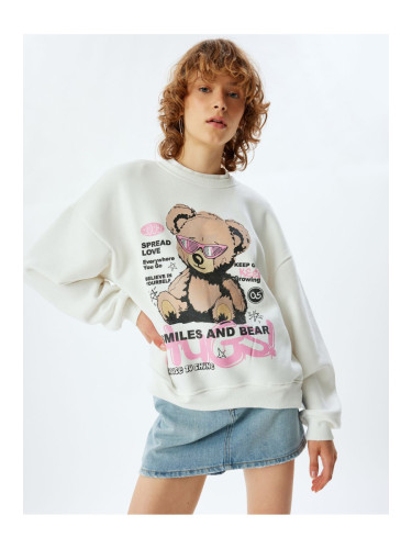 Koton Oversize Sweatshirt Bear Themed Back Printed Crew Neck Raised