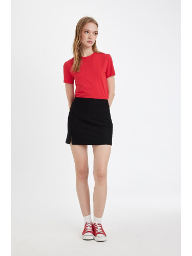 DEFACTO Coool High Waist Basic Plain Cotton Lined Slit Black Mini Shorts Skirt