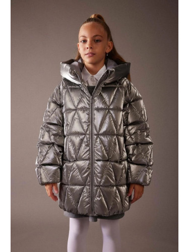 DEFACTO Girls' Water Repellent Hooded Fleece Lined Shiny Coat