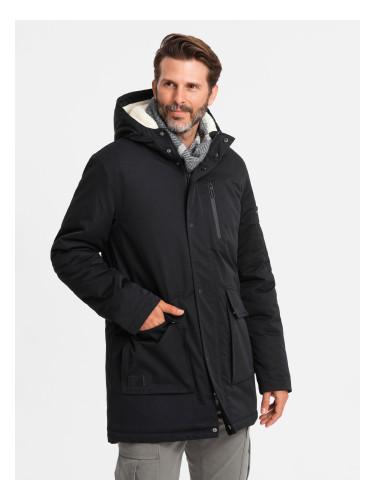 Ombre Męska długa kurtka parka sherpa – black