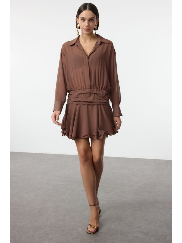 Trendyol Brown A-Line Shirt Collar Ruffle Detailed Chiffon Woven Short Dress