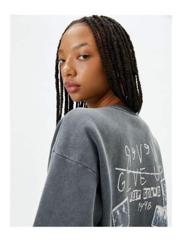 Koton Printed Back Sweatshirt Faded Effect Crew Neck Raised Cotton