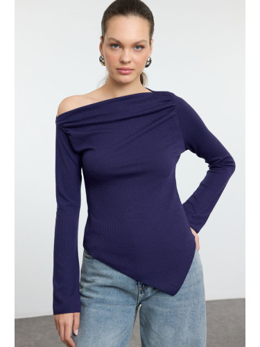 Trendyol Navy Blue Draped Boat Neck Asymmetric Flexible Knitted Blouse