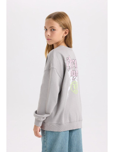 DEFACTO Girl Gray Oversize Fit Wide Mold Crew Neck Back Printed Sweatshirt