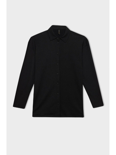 DEFACTO Relax Fit Shirt Collar Crepe Long Sleeve Black Shirt