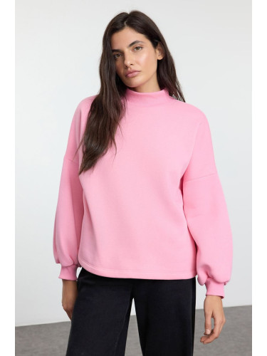 Trendyol Light Pink Basic Oversize/Wide Pattern Turtleneck Thick Polar Fleece Knitted Sweatshirt