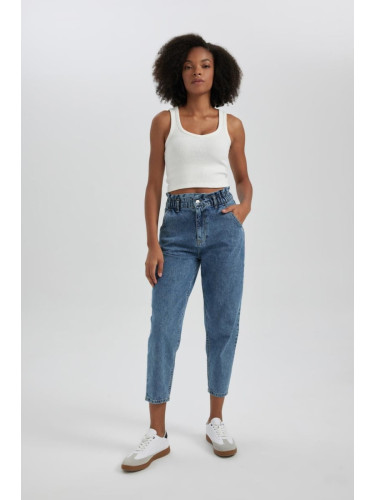 DEFACTO Paperbag High Waist Relaxed Cut Light Straight Leg Ankle Length Jean Trousers