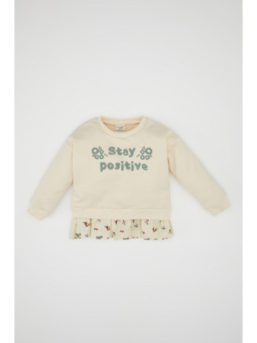 DEFACTO Baby Girl Crew Neck Printed Soft Furry Inside Hem Detailed Sweatshirt